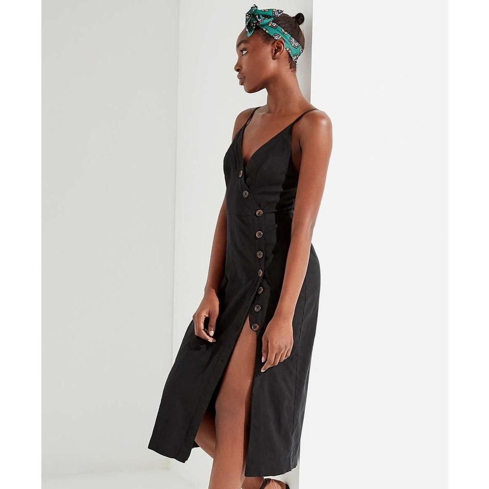 Urban Outfitters Black Linen Midi Button Dress